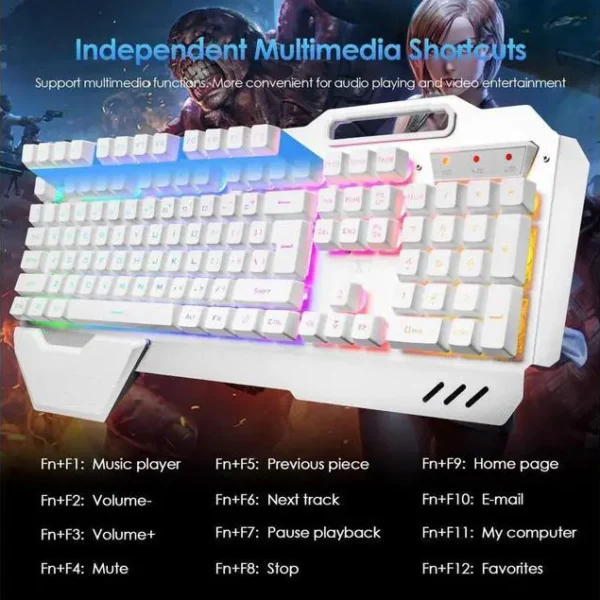 Metallic RGB Gaming Wired Keyboard Wave Lighting - Double Function E80 White