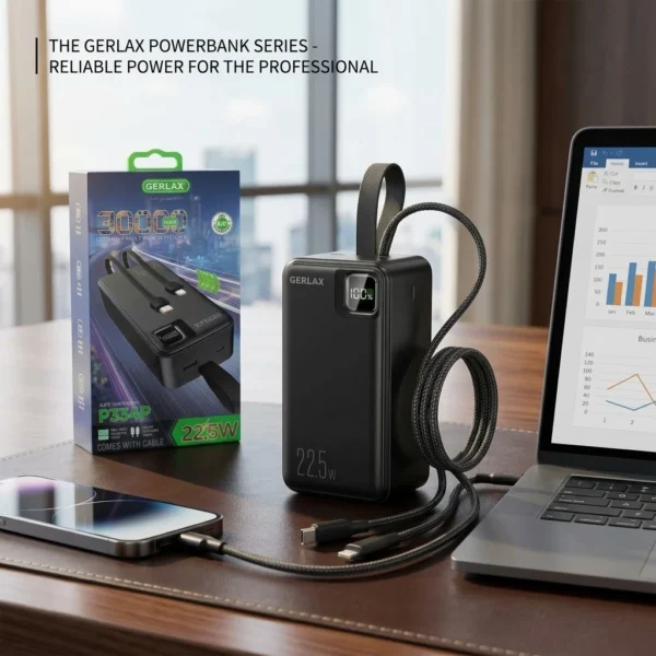 Gerlax P334P 30000mAh Power Bank | 22.5W Fast Charging with Built-In Cables