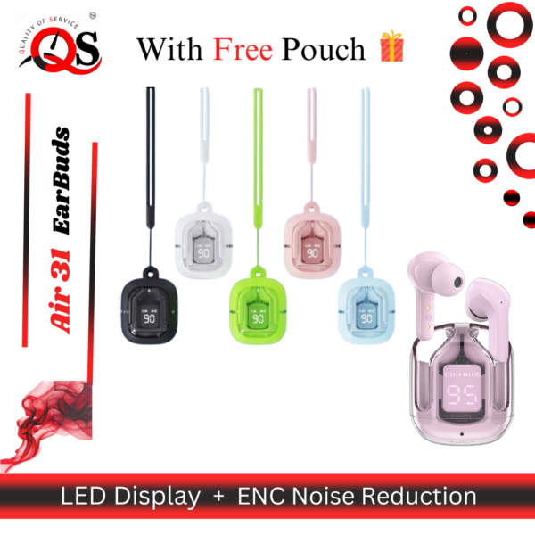 Air31 Wireless Transparent Earbuds with Pouch & Doori – High Quality