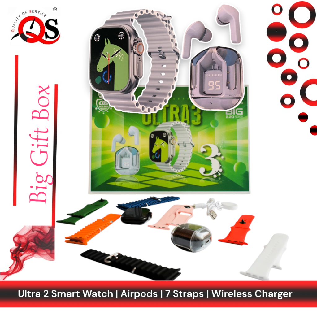 Crown Ultra2 Smart Watch Gift Set with Wireless Earbuds, 7 Interchangeable Straps, Wireless Charger