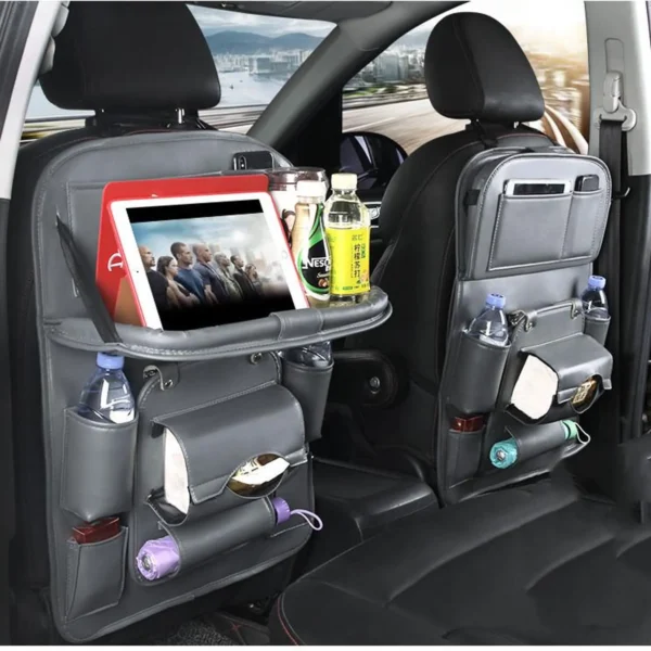 PU Leather Car Seat Organizer with Tray: Travel Backseat Storage