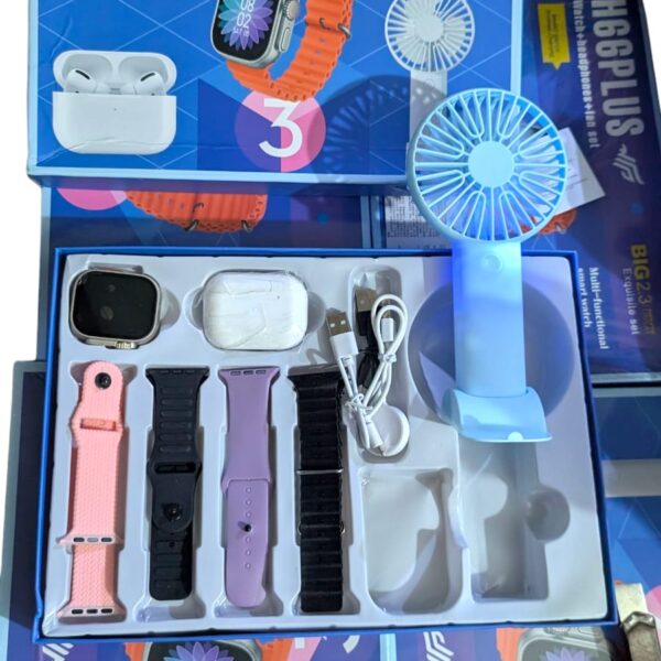 H66PLUS Smartwatch Combo – Watch ⌚ + Wireless Earbuds 🎧 + Portable Fan - High Quality