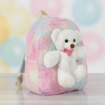 Kids’ Plush Faux Fur Backpack with Detachable White Teddy Bear – Pastel Tie-Dye