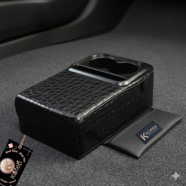 Kofeb Premium Crocodile Leather Car Console Organizer – Universal Armrest Box with Dual Cup Holders