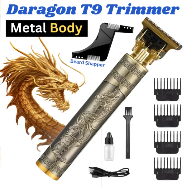 Vintage T9 Golden Dragon Trimmer for Men – USB Rechargeable Professional Beard & Hair Cutting Machine, Electric Clipper Razor