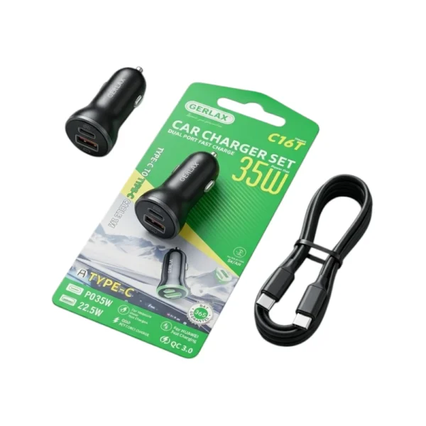 GERLAX 35W Dual Port Fast Car Charger (PD & QC 3.0) with Type-C Cable