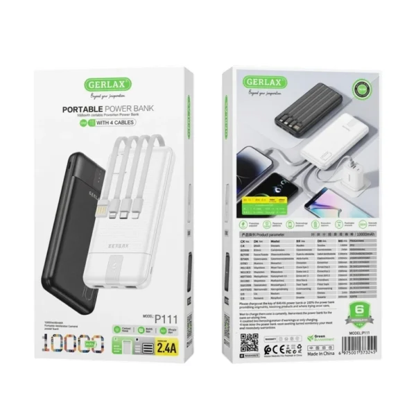 GERLAX P111 10000mAh Portable Power Bank with 4 Built-In Cables (2.4Amp)