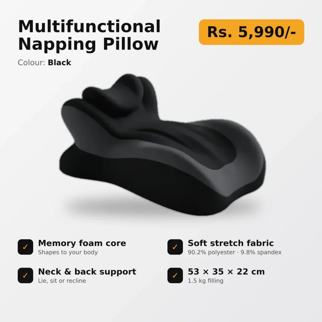 Multifunctional memory foam napping pillow in black with neck, shoulder and back support