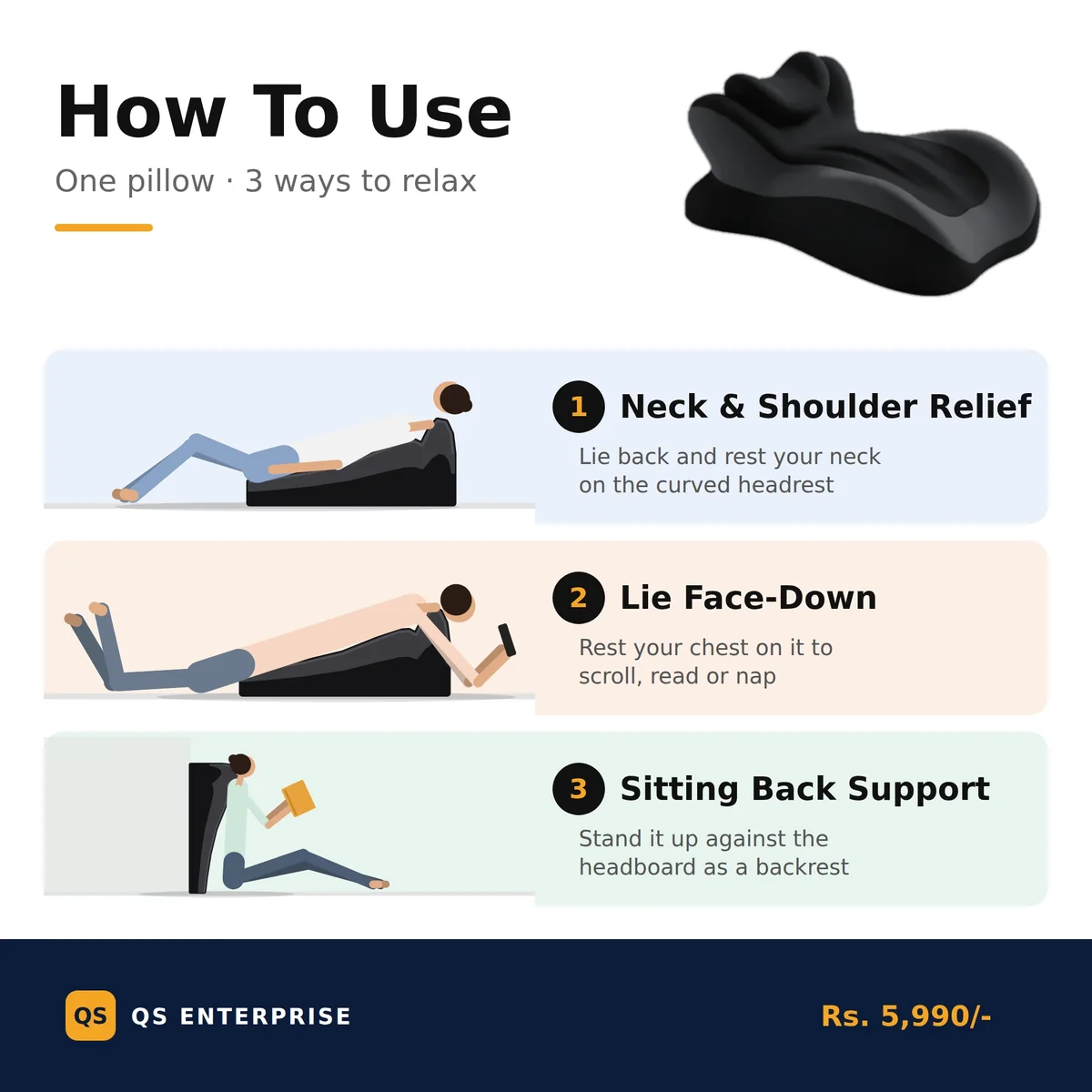 How to use napping pillow: neck and shoulder relief, lie face-down, sitting back support
